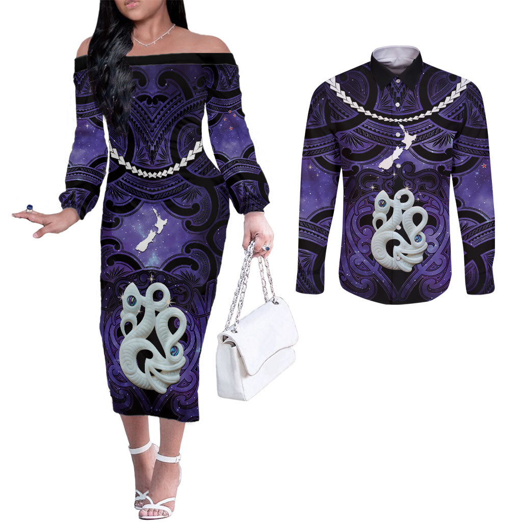 Personalised Maori Matariki Manaia Waiporoporo Couples Matching Off The Shoulder Long Sleeve Dress and Long Sleeve Button Shirt Maori Kowhaiwhai Pattern Galaxy LT01 Purple - Polynesian Pride