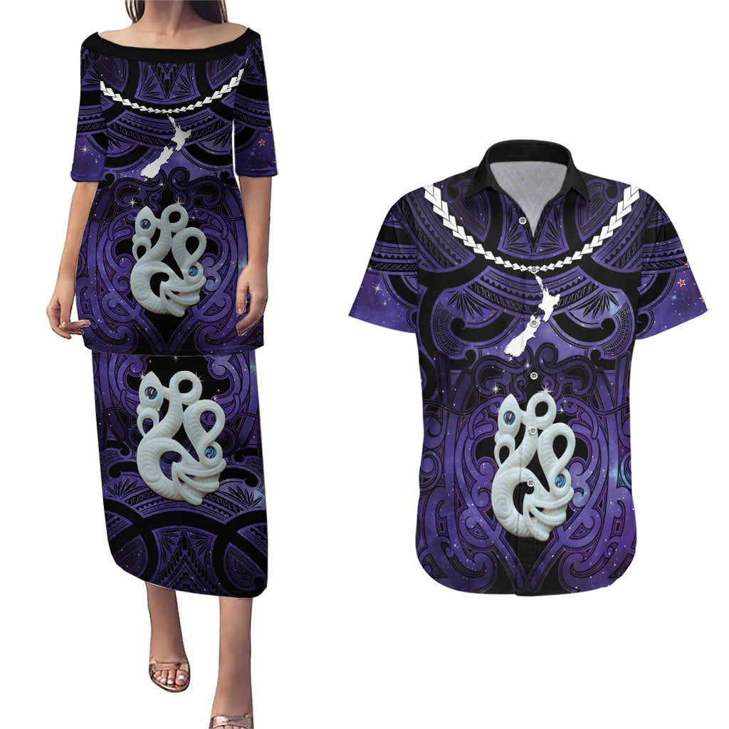 Personalised Maori Matariki Manaia Waiporoporo Couples Matching Puletasi and Hawaiian Shirt Maori Kowhaiwhai Pattern Galaxy LT01 Purple - Polynesian Pride