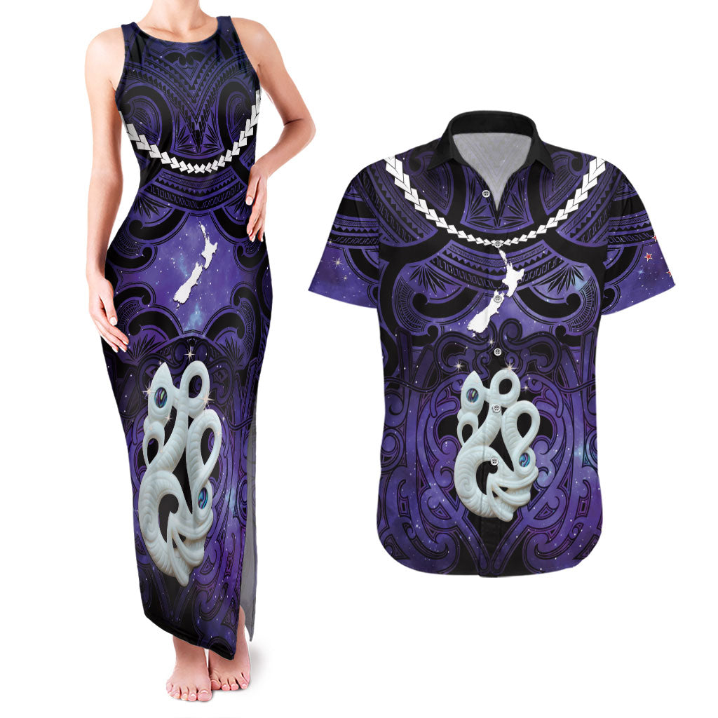 Personalised Maori Matariki Manaia Waiporoporo Couples Matching Tank Maxi Dress and Hawaiian Shirt Maori Kowhaiwhai Pattern Galaxy