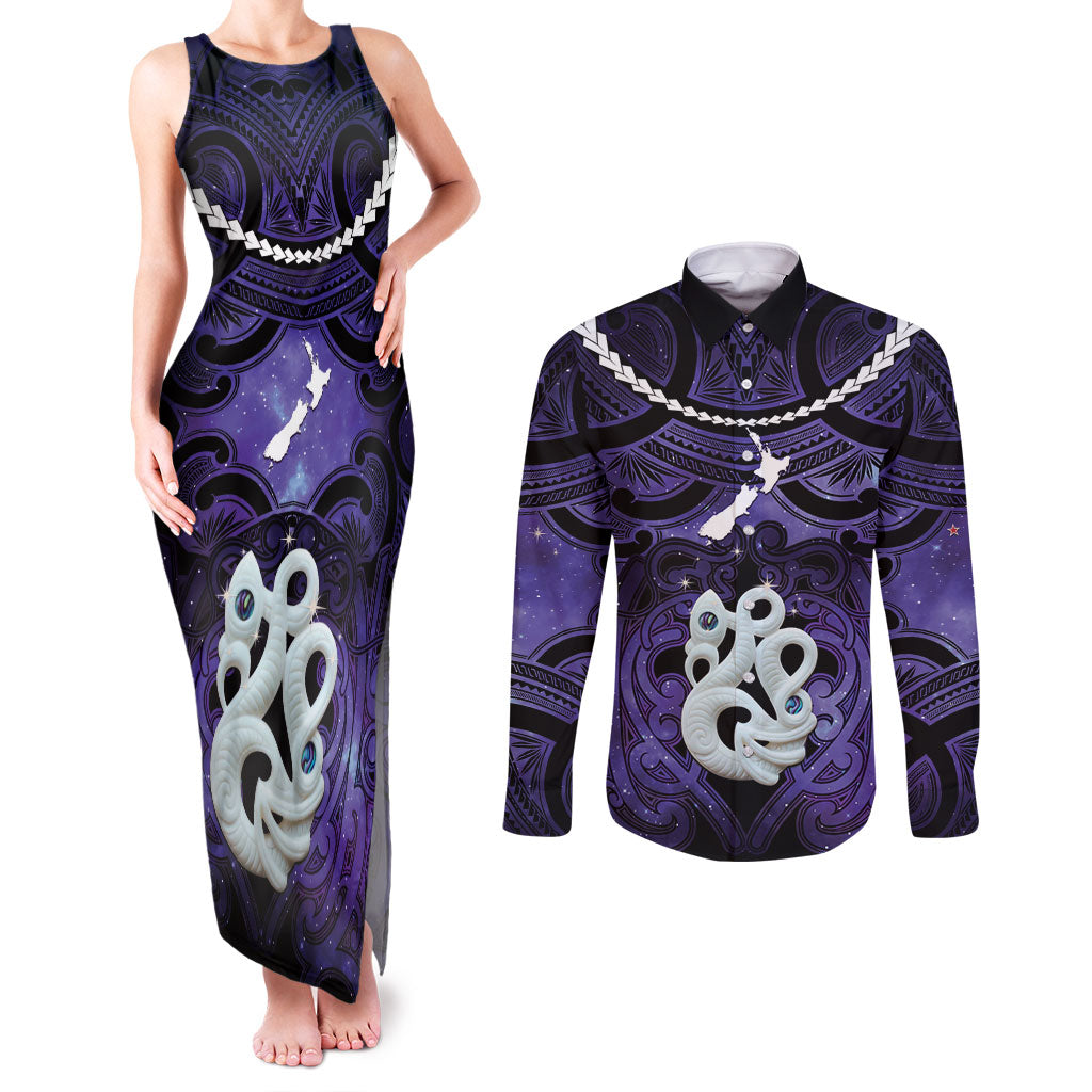 Personalised Maori Matariki Manaia Waiporoporo Couples Matching Tank Maxi Dress and Long Sleeve Button Shirt Maori Kowhaiwhai Pattern Galaxy