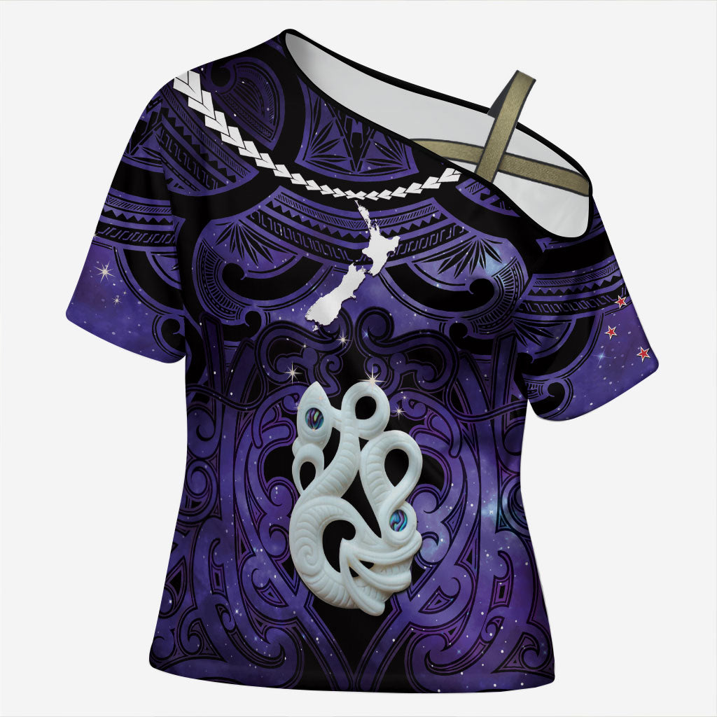 Personalised Maori Matariki Manaia Waiporoporo Cross Shoulder Shirt Maori Kowhaiwhai Pattern Galaxy LT01 Female Purple - Polynesian Pride