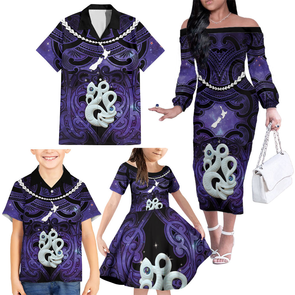 Personalised Maori Matariki Manaia Waiporoporo Family Matching Off The Shoulder Long Sleeve Dress and Hawaiian Shirt Maori Kowhaiwhai Pattern Galaxy LT01 - Polynesian Pride