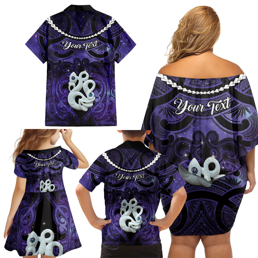 Personalised Maori Matariki Manaia Waiporoporo Family Matching Off Shoulder Short Dress and Hawaiian Shirt Maori Kowhaiwhai Pattern Galaxy