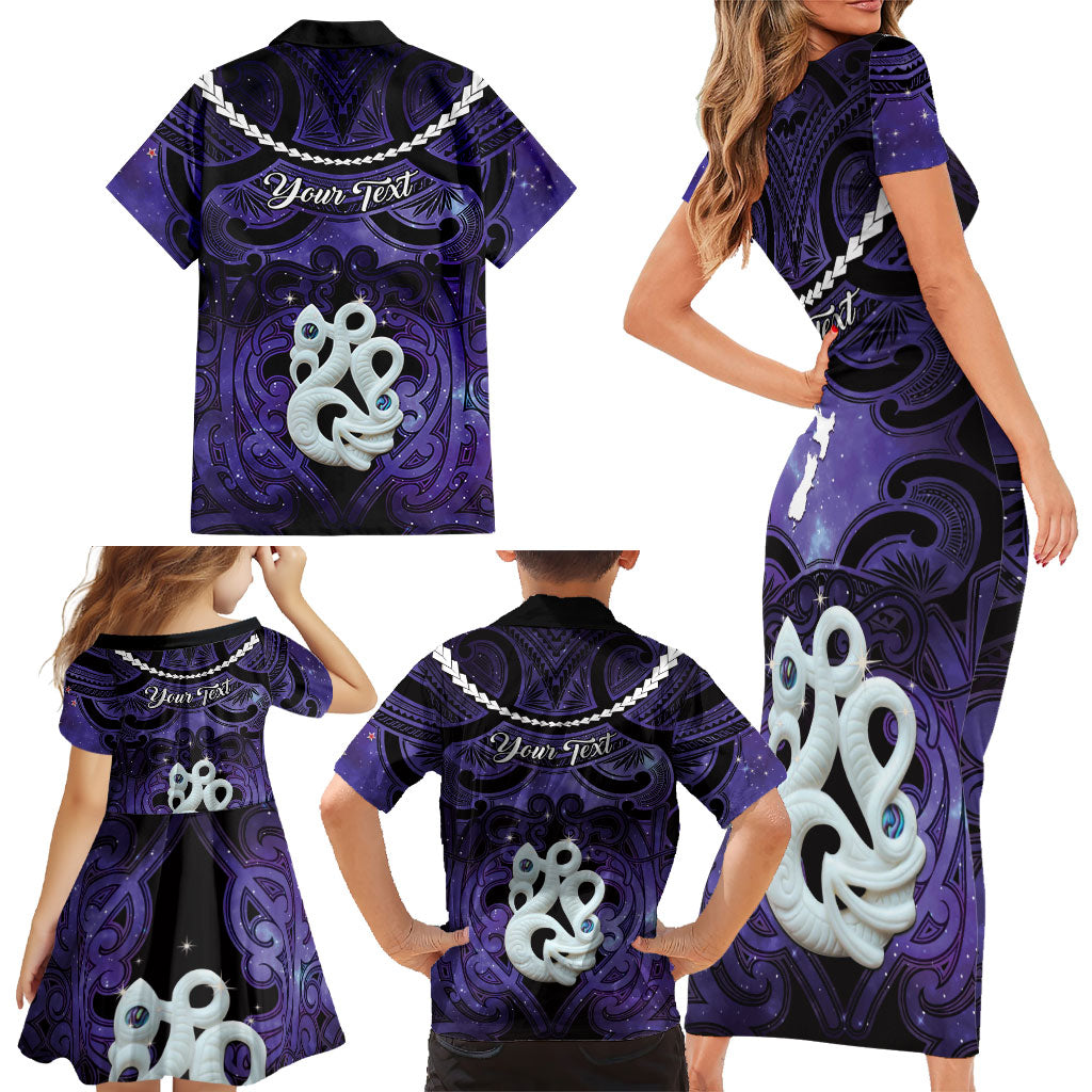Personalised Maori Matariki Manaia Waiporoporo Family Matching Short Sleeve Bodycon Dress and Hawaiian Shirt Maori Kowhaiwhai Pattern Galaxy