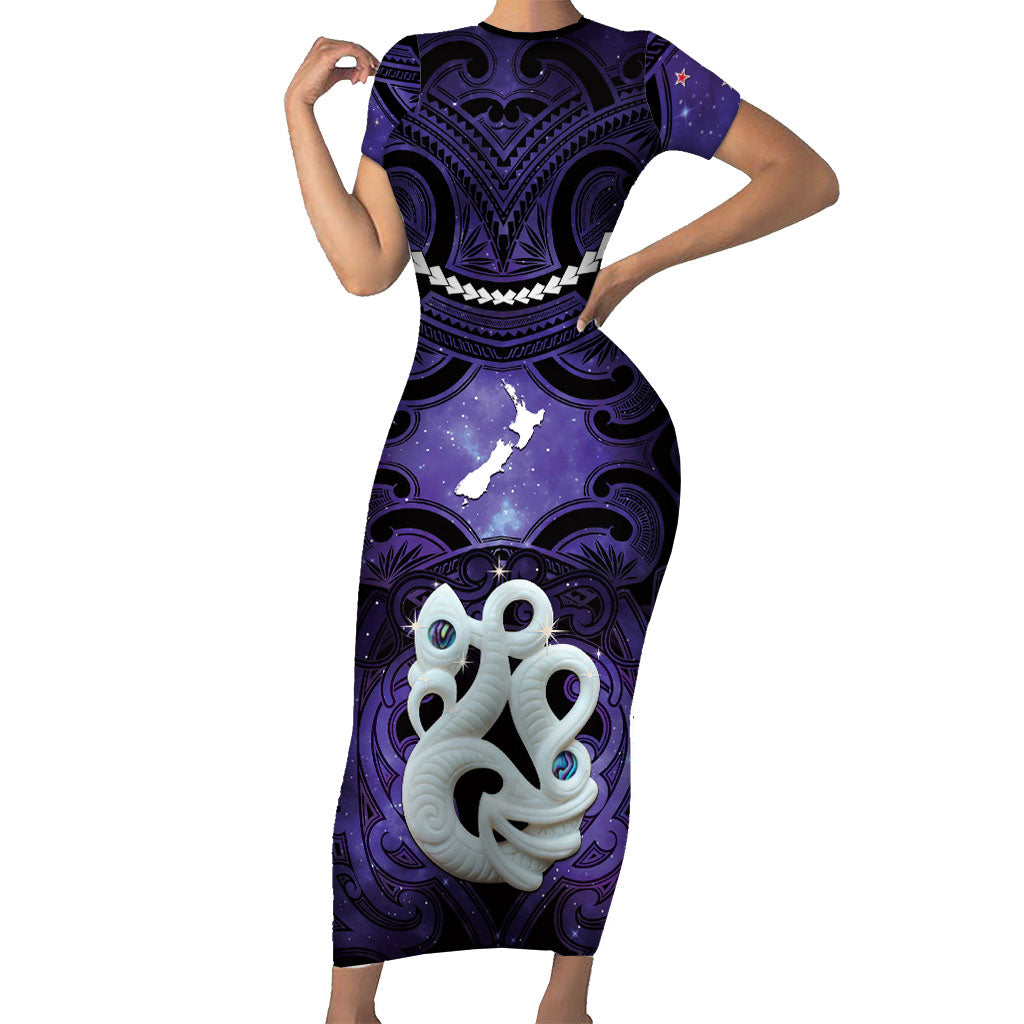 Personalised Maori Matariki Manaia Waiporoporo Family Matching Short Sleeve Bodycon Dress and Hawaiian Shirt Maori Kowhaiwhai Pattern Galaxy
