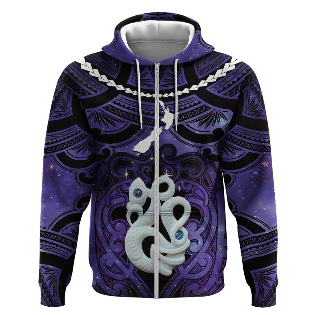 Personalised Maori Matariki Manaia Waiporoporo Hoodie Maori Kowhaiwhai Pattern Galaxy LT01 Zip Hoodie Purple - Polynesian Pride