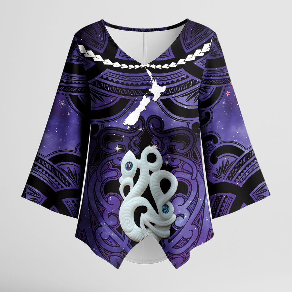 Personalised Maori Matariki Manaia Waiporoporo Kimono Sleeve Blouse Maori Kowhaiwhai Pattern Galaxy LT01 Female Purple - Polynesian Pride