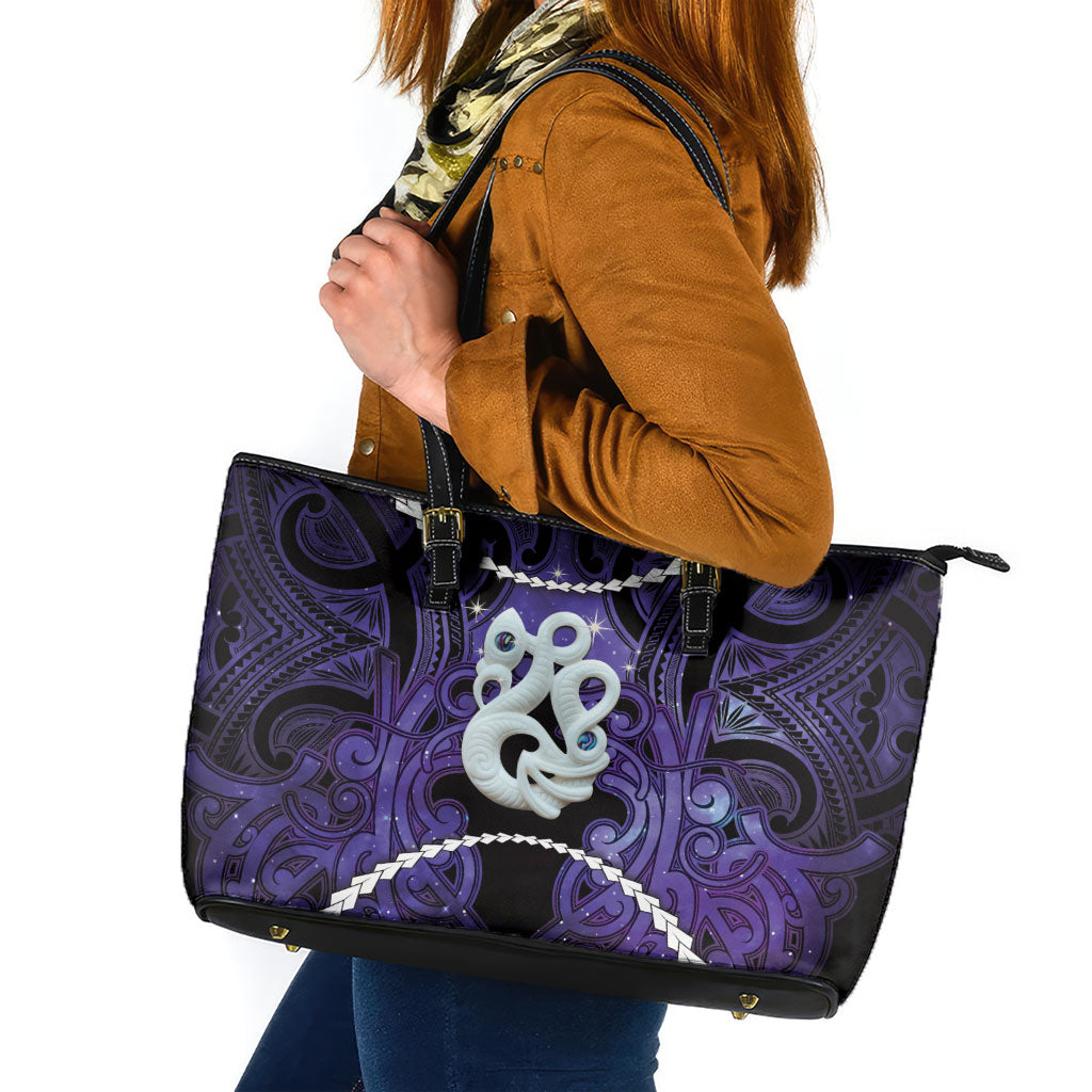 Maori Matariki Manaia Waiporoporo Leather Tote Bag Maori Kowhaiwhai Pattern Galaxy LT01 Purple - Polynesian Pride
