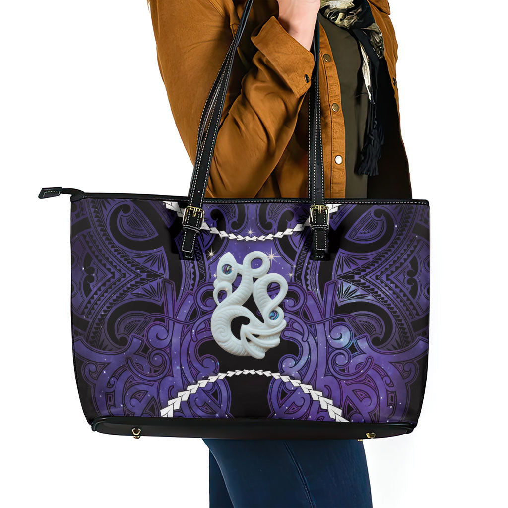 Maori Matariki Manaia Waiporoporo Leather Tote Bag Maori Kowhaiwhai Pattern Galaxy LT01 - Polynesian Pride