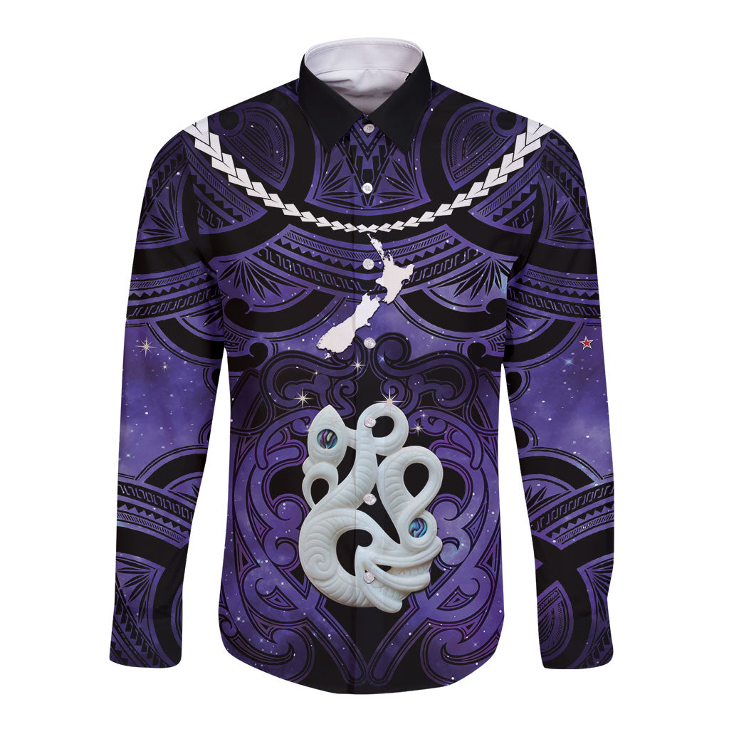 Personalised Maori Matariki Manaia Waiporoporo Long Sleeve Button Shirt Maori Kowhaiwhai Pattern Galaxy LT01 Unisex Purple - Polynesian Pride