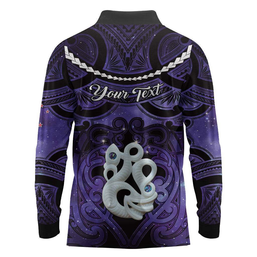 Personalised Maori Matariki Manaia Waiporoporo Long Sleeve Polo Shirt Maori Kowhaiwhai Pattern Galaxy