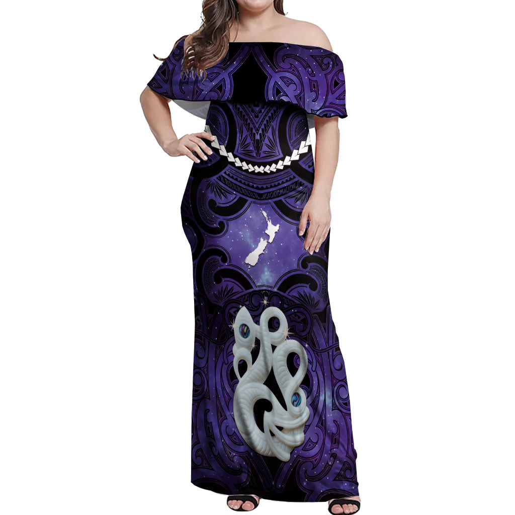 Personalised Maori Matariki Manaia Waiporoporo Off Shoulder Maxi Dress Maori Kowhaiwhai Pattern Galaxy LT01 Women Purple - Polynesian Pride