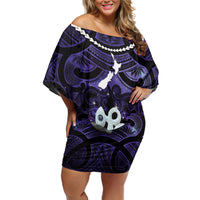 Personalised Maori Matariki Manaia Waiporoporo Off Shoulder Short Dress Maori Kowhaiwhai Pattern Galaxy LT01 Women Purple - Polynesian Pride