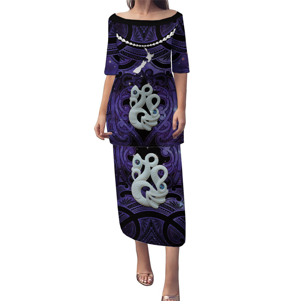 Personalised Maori Matariki Manaia Waiporoporo Puletasi Maori Kowhaiwhai Pattern Galaxy LT01 Long Dress Purple - Polynesian Pride