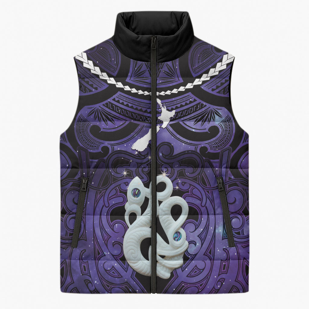 Personalised Maori Matariki Manaia Waiporoporo Sleeveless Puffer Jacket Maori Kowhaiwhai Pattern Galaxy LT01 Unisex Purple - Polynesian Pride