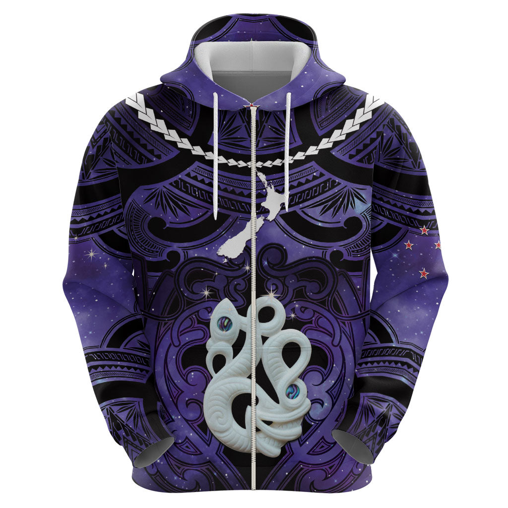 Personalised Maori Matariki Manaia Waiporoporo Zip Hoodie Maori Kowhaiwhai Pattern Galaxy LT01 - Polynesian Pride