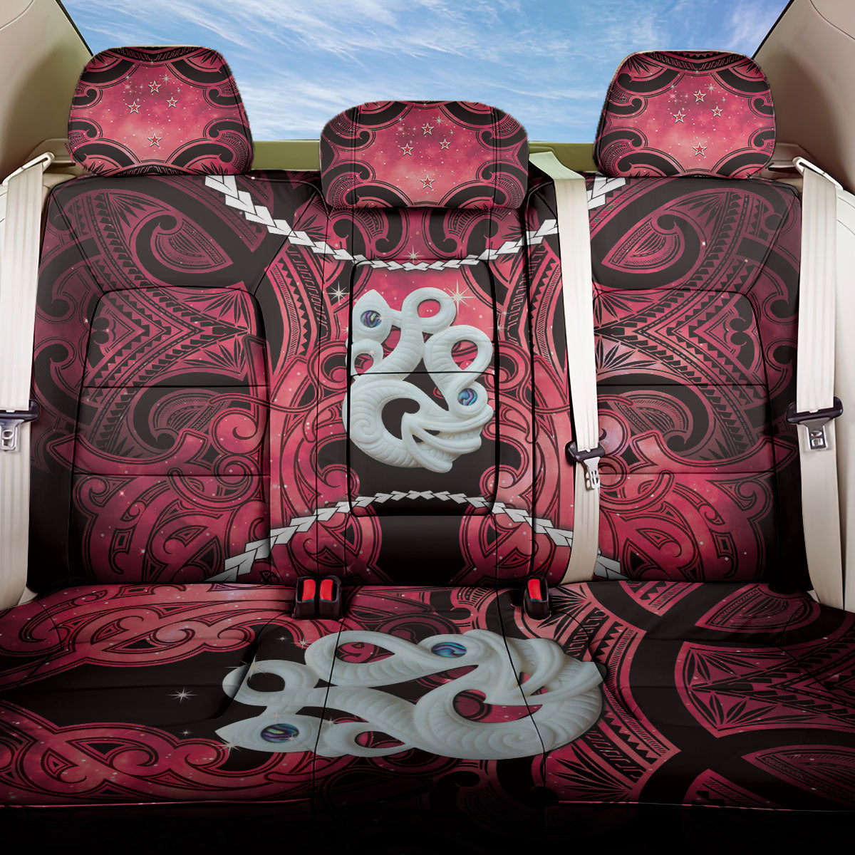 Maori Matariki Manaia Whero Back Car Seat Cover Maori Kowhaiwhai Pattern Galaxy LT01 One Size Red - Polynesian Pride