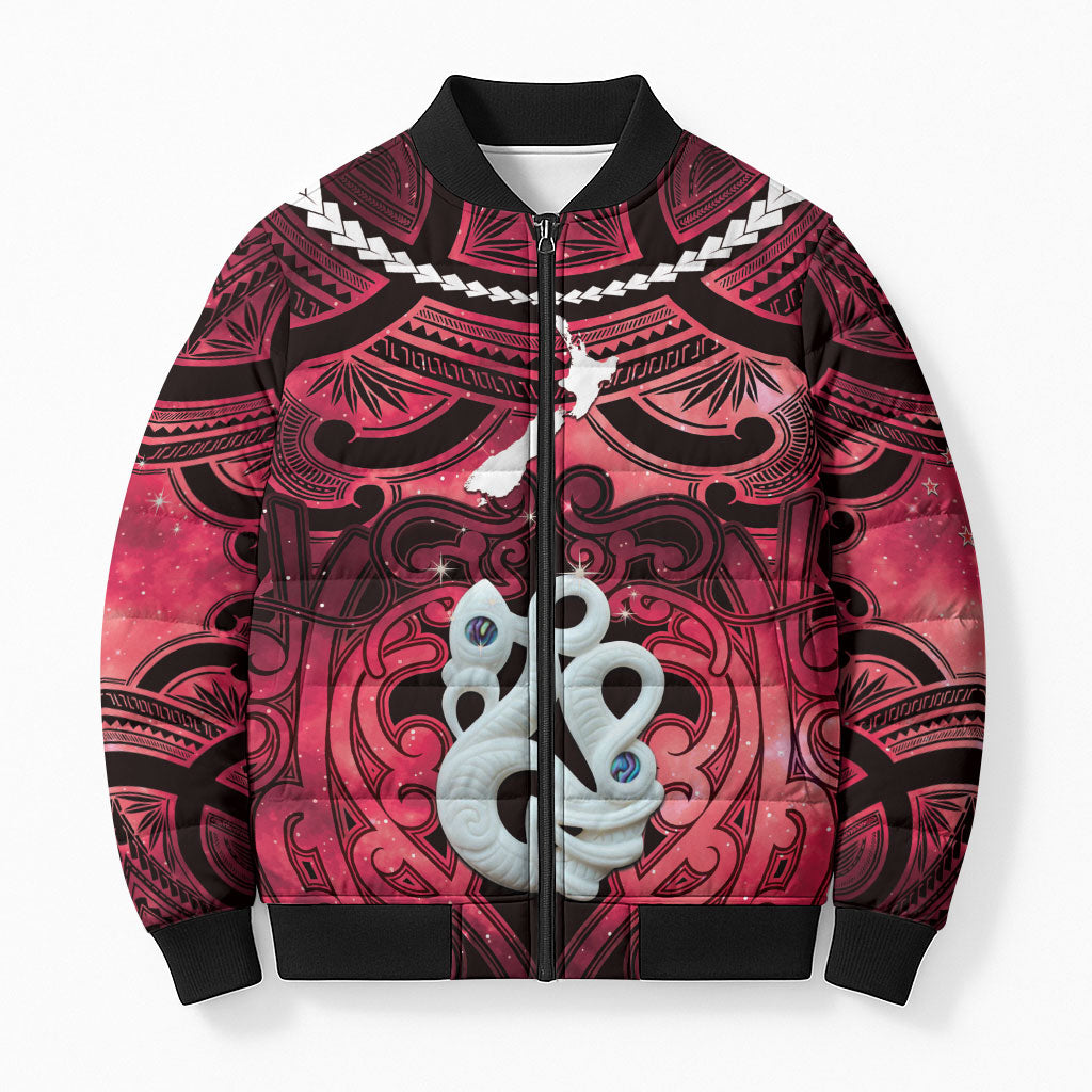 Personalised Maori Matariki Manaia Whero Bomber Puffer Jacket Maori Kowhaiwhai Pattern Galaxy LT01 Unisex Red - Polynesian Pride
