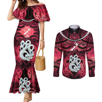 Personalised Maori Matariki Manaia Whero Couples Matching Mermaid Dress and Long Sleeve Button Shirt Maori Kowhaiwhai Pattern Galaxy