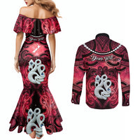 Personalised Maori Matariki Manaia Whero Couples Matching Mermaid Dress and Long Sleeve Button Shirt Maori Kowhaiwhai Pattern Galaxy