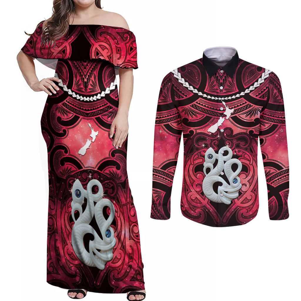 Personalised Maori Matariki Manaia Whero Couples Matching Off Shoulder Maxi Dress and Long Sleeve Button Shirt Maori Kowhaiwhai Pattern Galaxy LT01 Red - Polynesian Pride