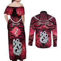 Personalised Maori Matariki Manaia Whero Couples Matching Off Shoulder Maxi Dress and Long Sleeve Button Shirt Maori Kowhaiwhai Pattern Galaxy