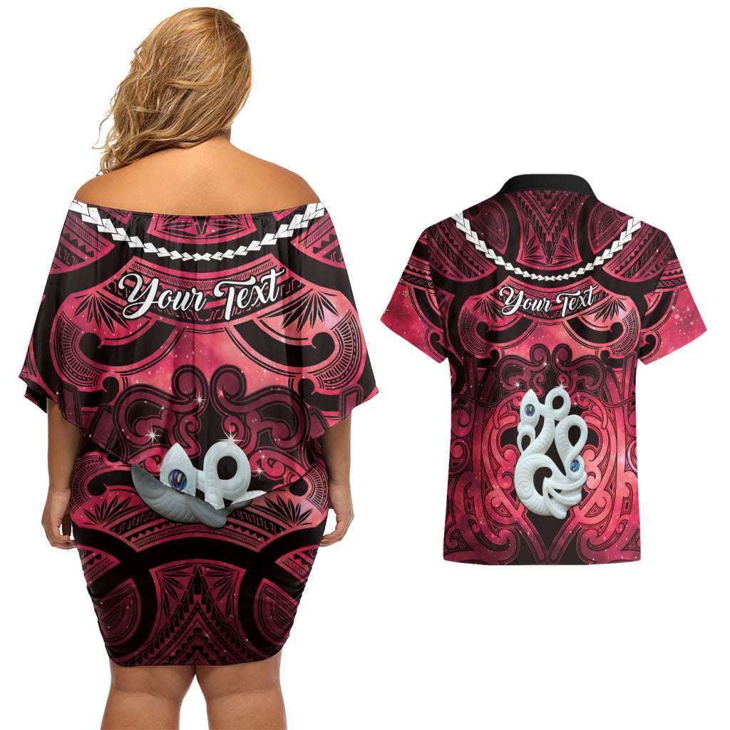 Personalised Maori Matariki Manaia Whero Couples Matching Off Shoulder Short Dress and Hawaiian Shirt Maori Kowhaiwhai Pattern Galaxy