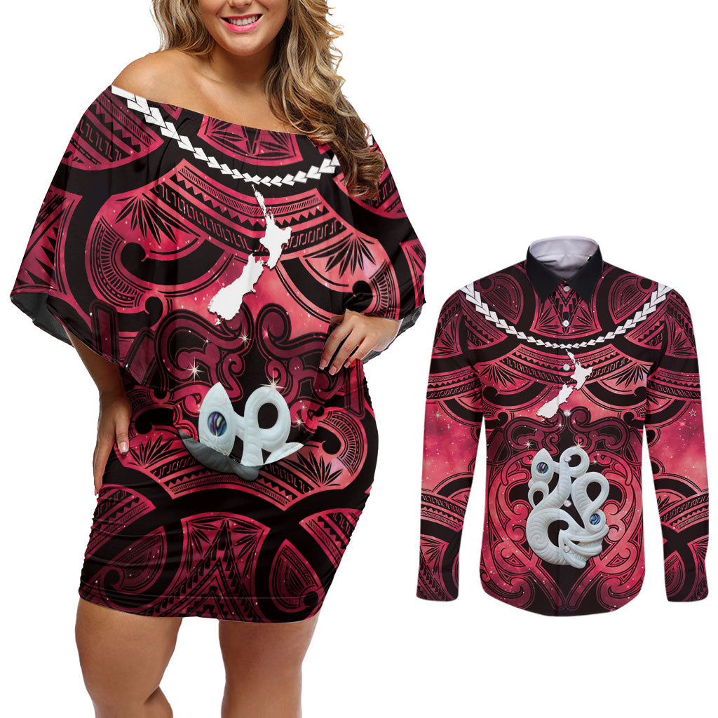 Personalised Maori Matariki Manaia Whero Couples Matching Off Shoulder Short Dress and Long Sleeve Button Shirt Maori Kowhaiwhai Pattern Galaxy LT01 Red - Polynesian Pride