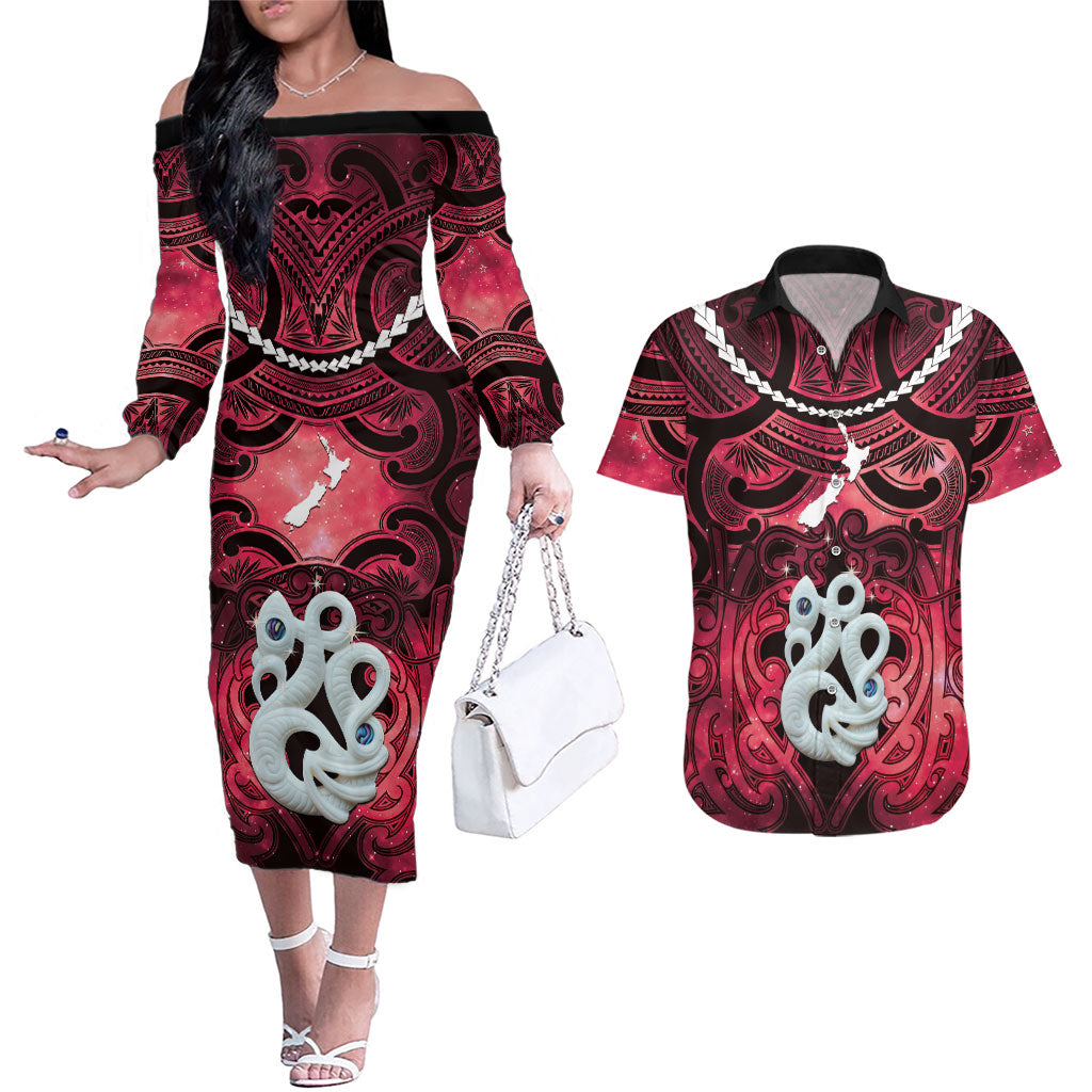 Personalised Maori Matariki Manaia Whero Couples Matching Off The Shoulder Long Sleeve Dress and Hawaiian Shirt Maori Kowhaiwhai Pattern Galaxy LT01 Red - Polynesian Pride