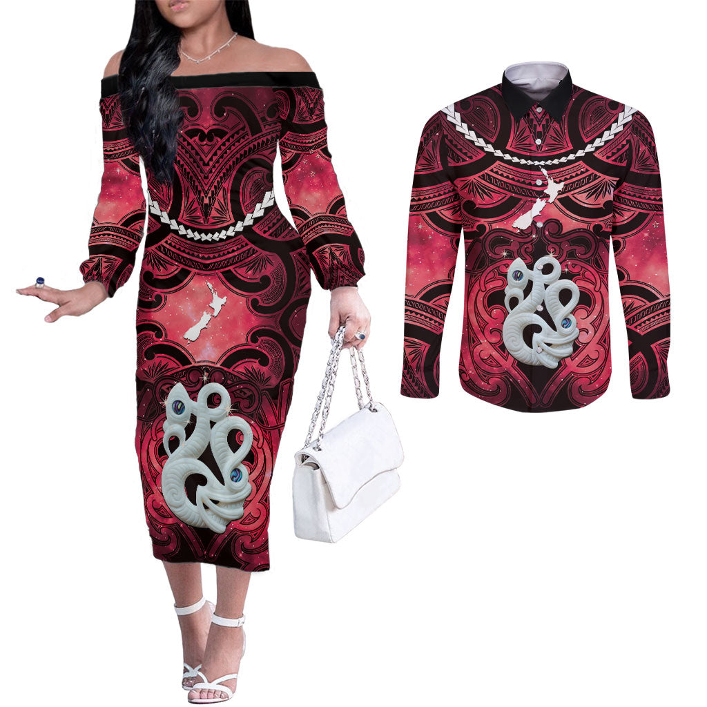 Personalised Maori Matariki Manaia Whero Couples Matching Off The Shoulder Long Sleeve Dress and Long Sleeve Button Shirt Maori Kowhaiwhai Pattern Galaxy LT01 Red - Polynesian Pride