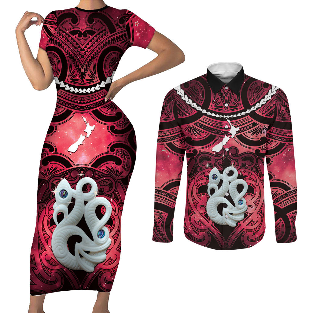 Personalised Maori Matariki Manaia Whero Couples Matching Short Sleeve Bodycon Dress and Long Sleeve Button Shirt Maori Kowhaiwhai Pattern Galaxy LT01 Red - Polynesian Pride