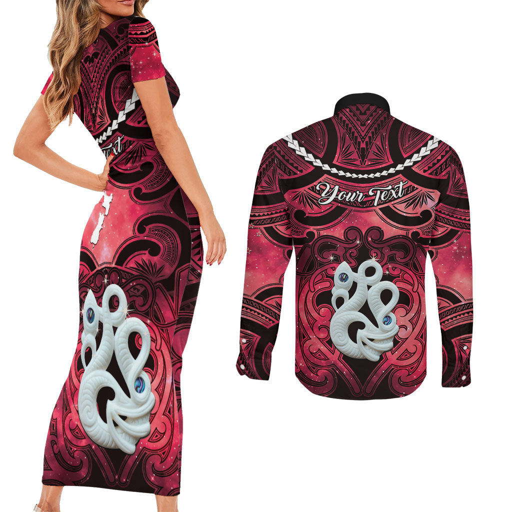 Personalised Maori Matariki Manaia Whero Couples Matching Short Sleeve Bodycon Dress and Long Sleeve Button Shirt Maori Kowhaiwhai Pattern Galaxy