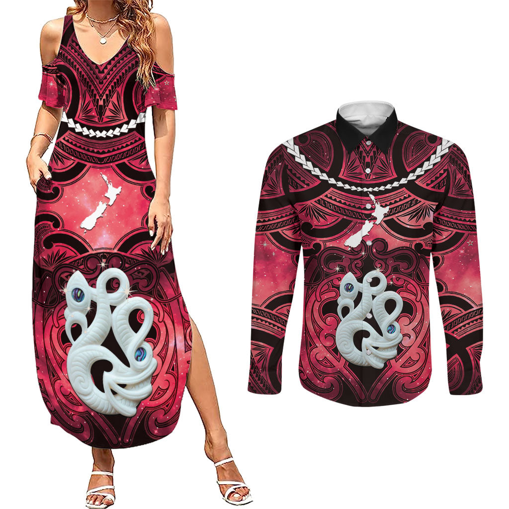 Personalised Maori Matariki Manaia Whero Couples Matching Summer Maxi Dress and Long Sleeve Button Shirt Maori Kowhaiwhai Pattern Galaxy LT01 Red - Polynesian Pride