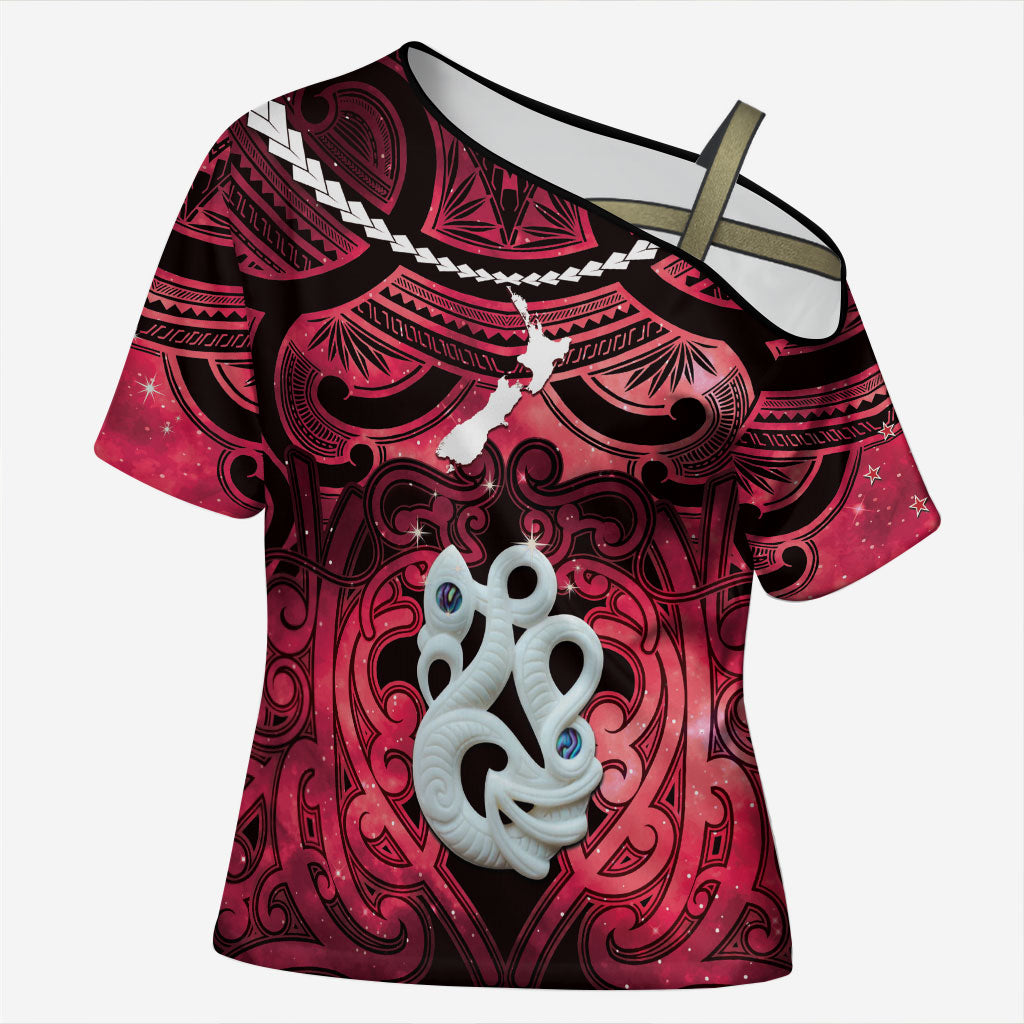 Personalised Maori Matariki Manaia Whero Cross Shoulder Shirt Maori Kowhaiwhai Pattern Galaxy LT01 Female Red - Polynesian Pride