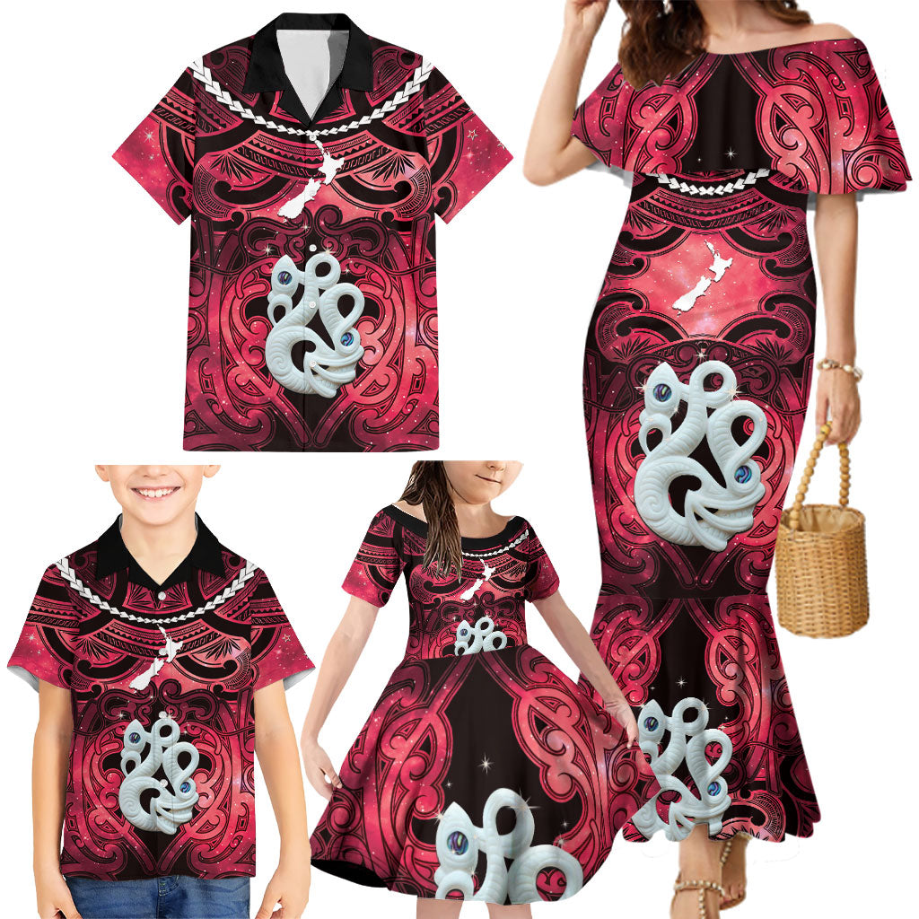Personalised Maori Matariki Manaia Whero Family Matching Mermaid Dress and Hawaiian Shirt Maori Kowhaiwhai Pattern Galaxy