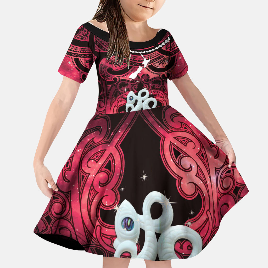 Personalised Maori Matariki Manaia Whero Family Matching Off The Shoulder Long Sleeve Dress and Hawaiian Shirt Maori Kowhaiwhai Pattern Galaxy