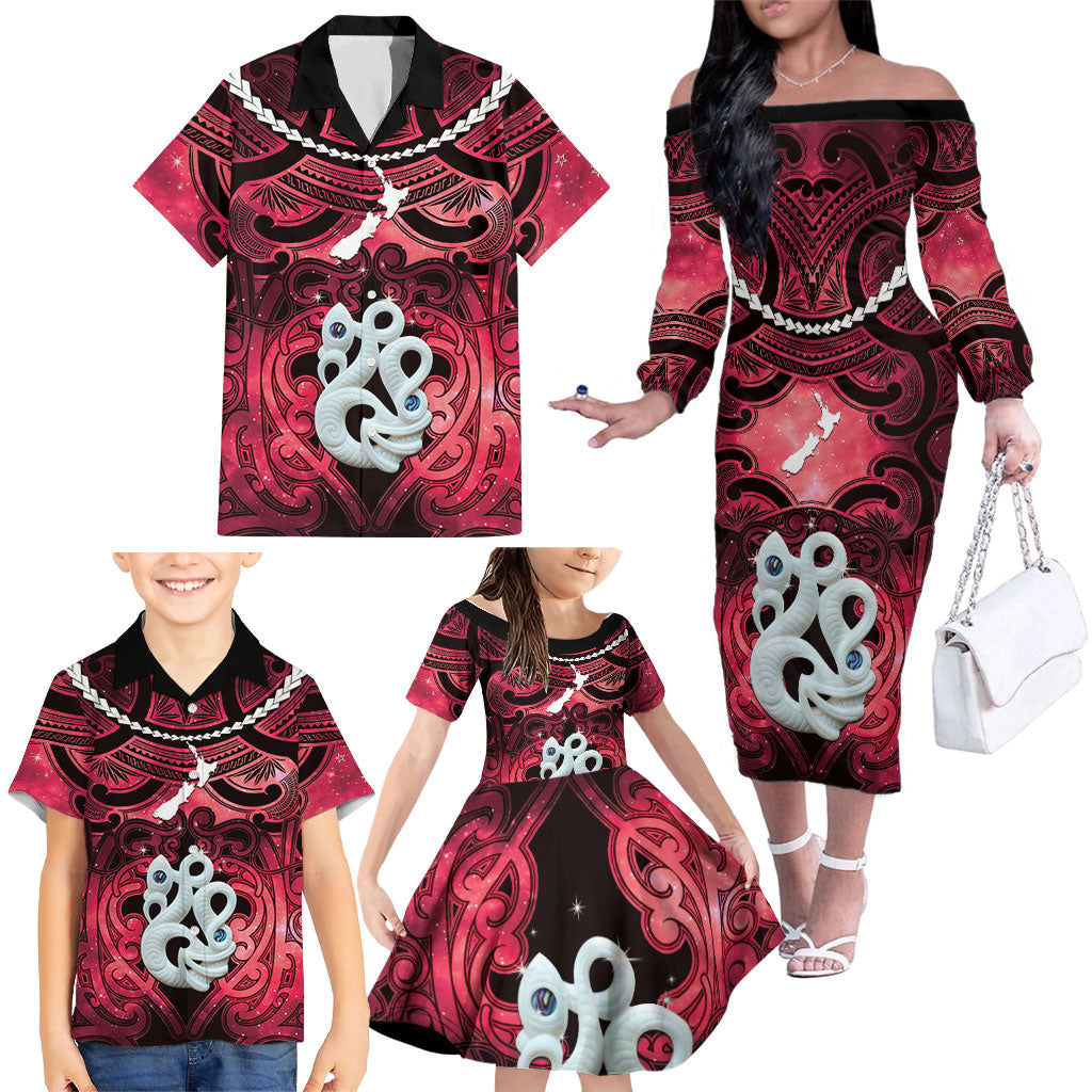 Personalised Maori Matariki Manaia Whero Family Matching Off The Shoulder Long Sleeve Dress and Hawaiian Shirt Maori Kowhaiwhai Pattern Galaxy