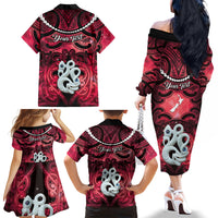 Personalised Maori Matariki Manaia Whero Family Matching Off The Shoulder Long Sleeve Dress and Hawaiian Shirt Maori Kowhaiwhai Pattern Galaxy
