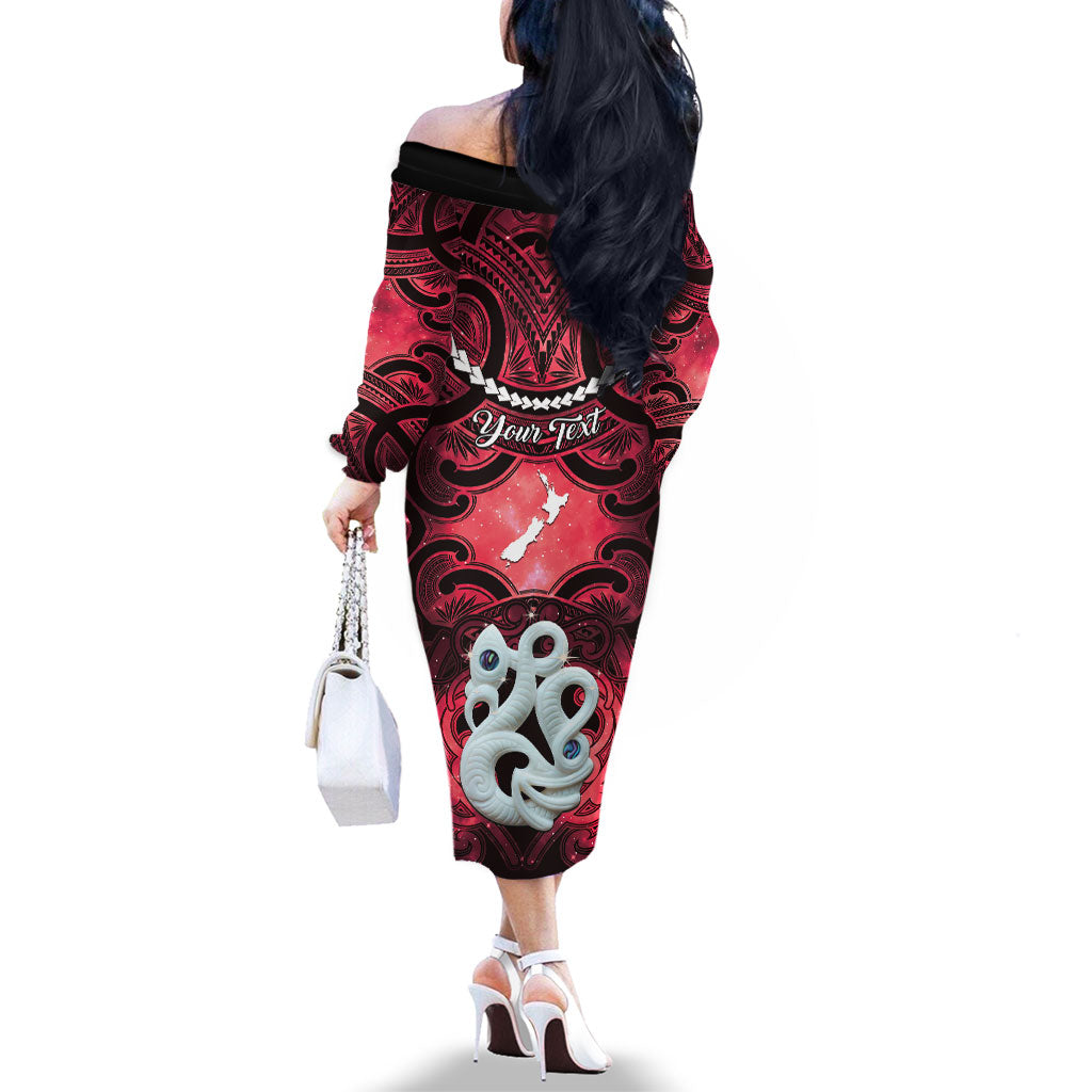 Personalised Maori Matariki Manaia Whero Family Matching Off The Shoulder Long Sleeve Dress and Hawaiian Shirt Maori Kowhaiwhai Pattern Galaxy