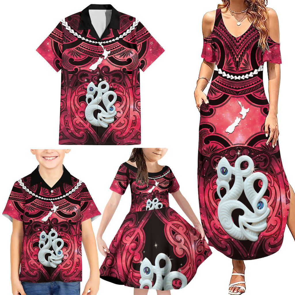 Personalised Maori Matariki Manaia Whero Family Matching Summer Maxi Dress and Hawaiian Shirt Maori Kowhaiwhai Pattern Galaxy LT01 - Polynesian Pride