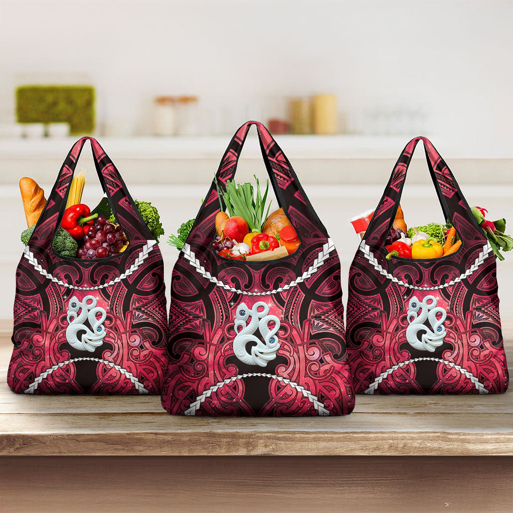 Maori Matariki Manaia Whero Grocery Bag Maori Kowhaiwhai Pattern Galaxy LT01 3-pack One Size Red - Polynesian Pride