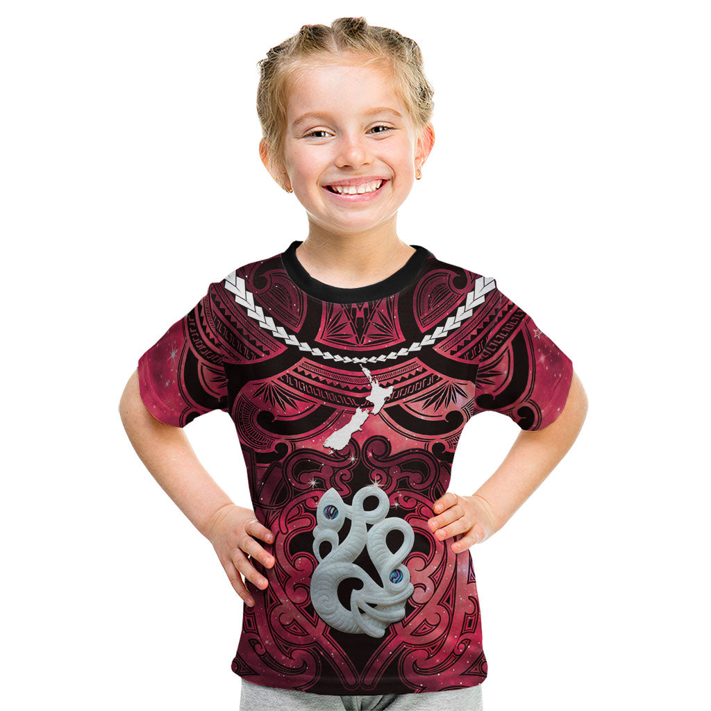 Personalised Maori Matariki Manaia Whero Kid T Shirt Maori Kowhaiwhai Pattern Galaxy LT01 Red - Polynesian Pride