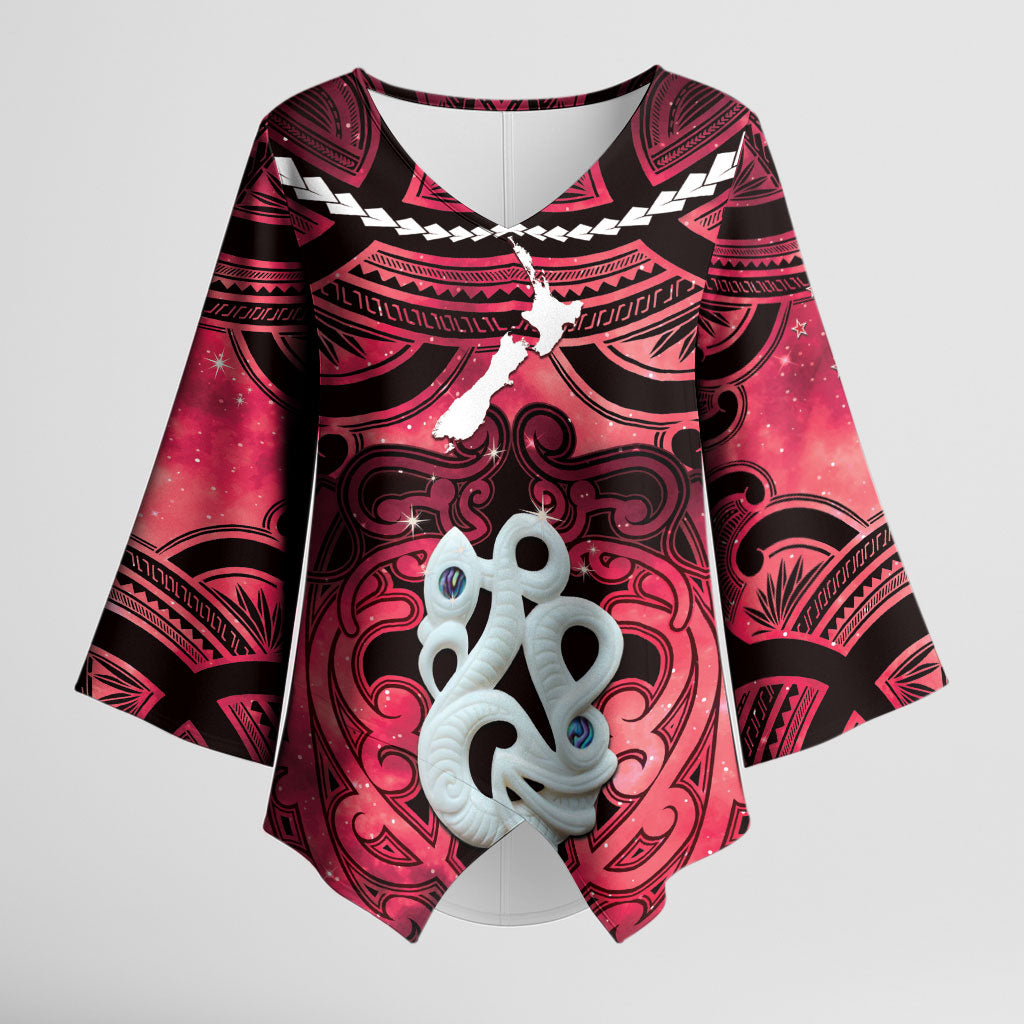 Personalised Maori Matariki Manaia Whero Kimono Sleeve Blouse Maori Kowhaiwhai Pattern Galaxy LT01 Female Red - Polynesian Pride