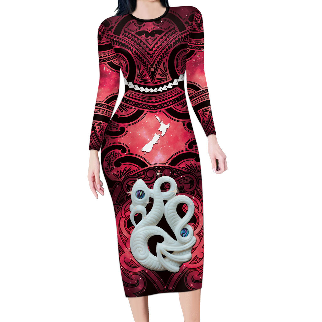Personalised Maori Matariki Manaia Whero Long Sleeve Bodycon Dress Maori Kowhaiwhai Pattern Galaxy