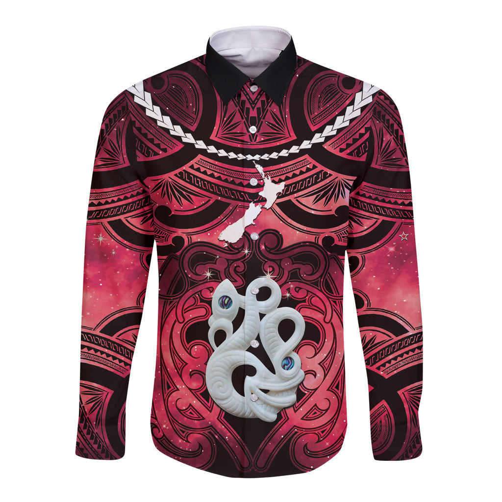 Personalised Maori Matariki Manaia Whero Long Sleeve Button Shirt Maori Kowhaiwhai Pattern Galaxy LT01 Unisex Red - Polynesian Pride