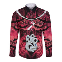Personalised Maori Matariki Manaia Whero Long Sleeve Button Shirt Maori Kowhaiwhai Pattern Galaxy LT01 Unisex Red - Polynesian Pride