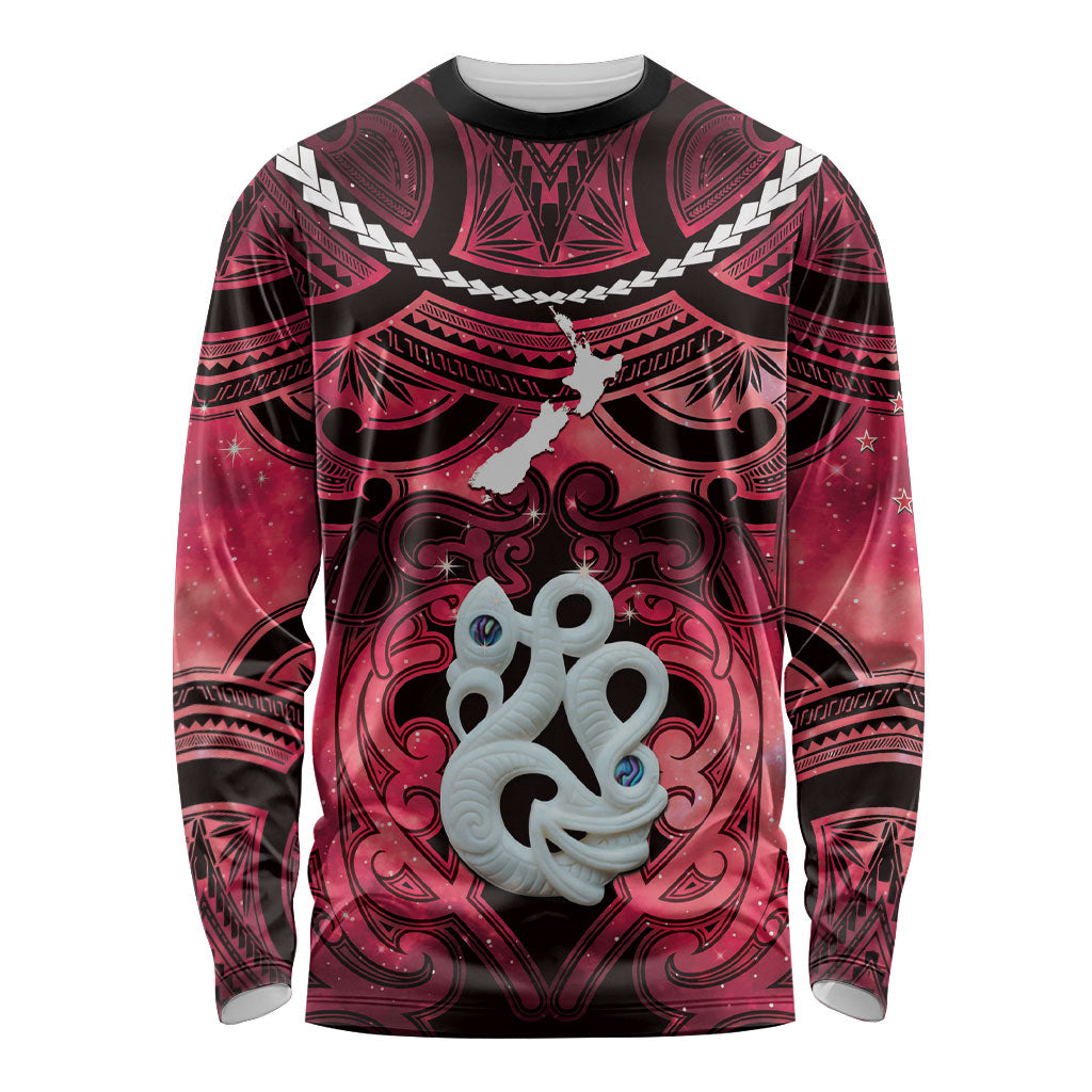 Personalised Maori Matariki Manaia Whero Long Sleeve Shirt Maori Kowhaiwhai Pattern Galaxy LT01 Unisex Red - Polynesian Pride