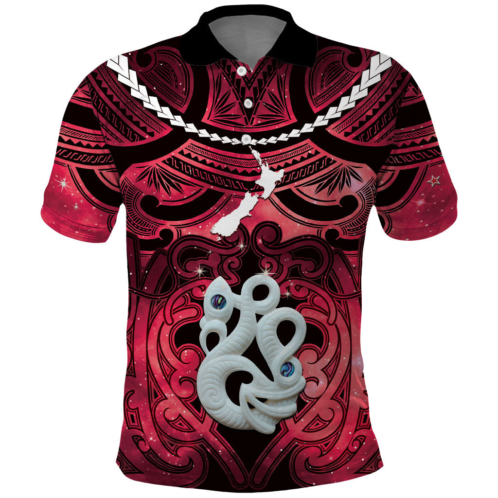 Personalised Maori Matariki Manaia Whero Polo Shirt Maori Kowhaiwhai Pattern Galaxy LT01 Red - Polynesian Pride