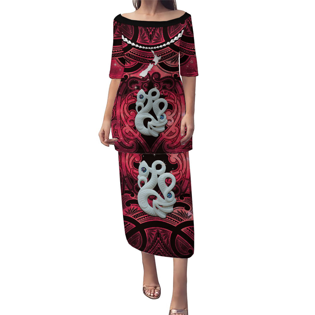 Personalised Maori Matariki Manaia Whero Puletasi Maori Kowhaiwhai Pattern Galaxy LT01 Long Dress Red - Polynesian Pride