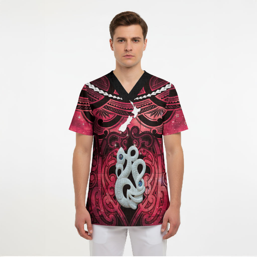 Personalised Maori Matariki Manaia Whero Scrub Top Maori Kowhaiwhai Pattern Galaxy LT01 - Polynesian Pride